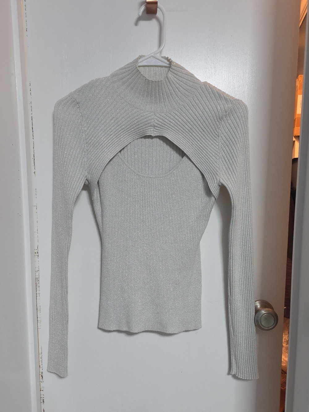 Pink Rose Cream With Silver  Ribbed Layered Mock-Neck Sweater